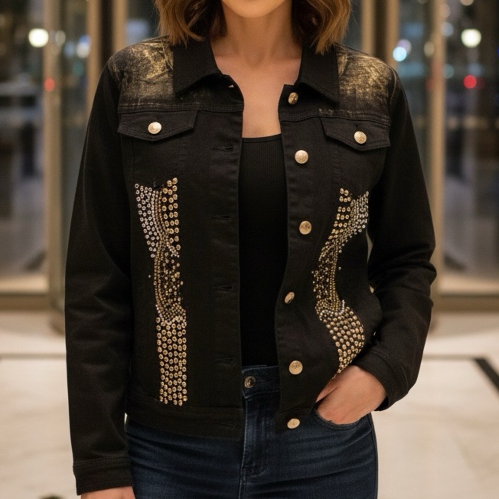 Vintage 90's Luxe Moda Black Studded Jean Jacket -- M‎